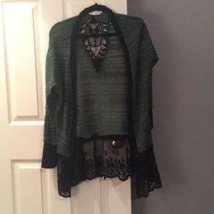 Olive colored cardigan with black lace insets